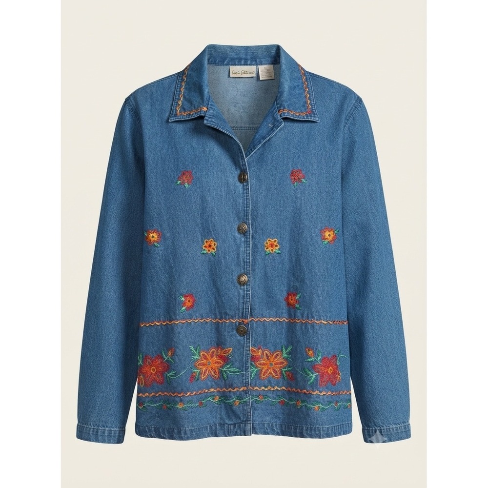 Bobbie Brooks Floral Embroidered Cowgirlcore Denim Western Jacket Cotton Womens